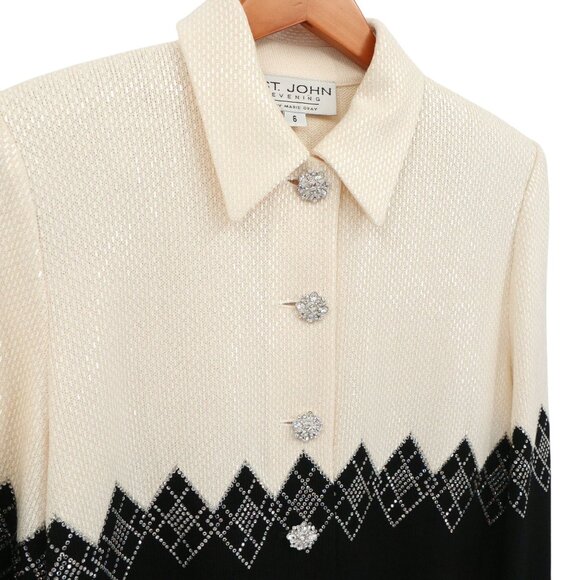 St. John Evening Black Ivory Paillette & Crystal Embellished Knit Jacket 6 - Picture 2 of 10